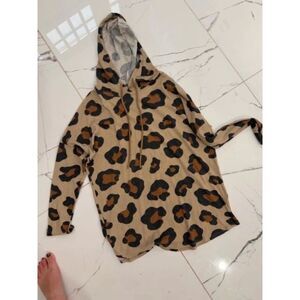 BomBom Leopard Print Hooded Long Sleeve Top Womens Animal Print Drawstring